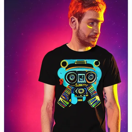 Image similar to black tshirt with a hyperdetailed portrait of a spaced out diesel punk robot, 8 k, symetrical, flourescent colors, multicolored,