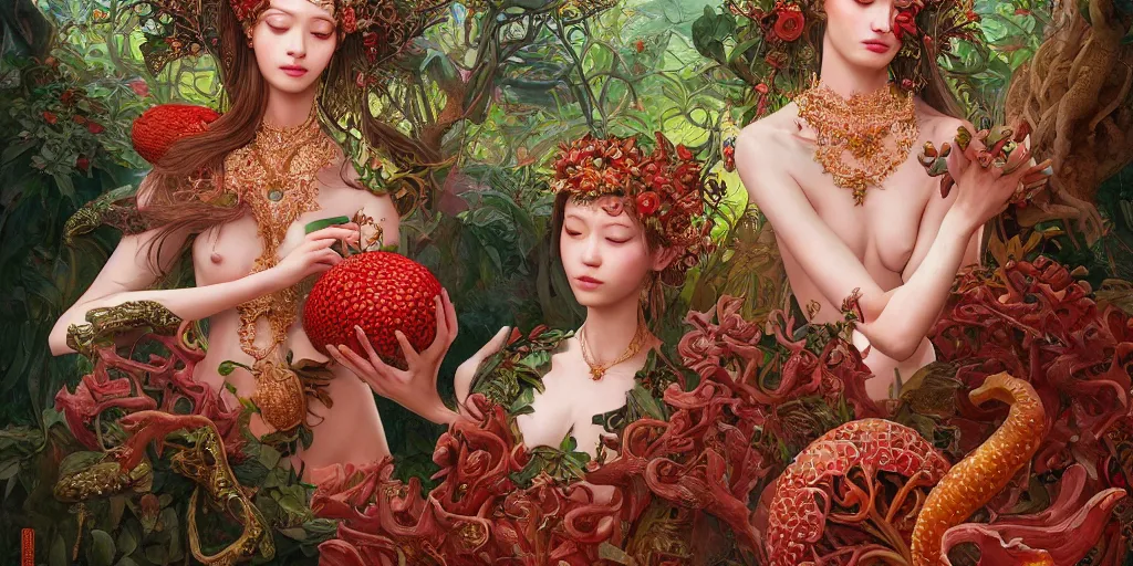 Image similar to breathtaking detailed concept art painting of the goddess of rafflesia arnoldii flowers, orthodox saint, with anxious, piercing eyes, ornate background, amalgamation of leaves and flowers, by Hsiao-Ron Cheng, James jean, Miho Hirano, Hayao Miyazaki, extremely moody lighting, 8K