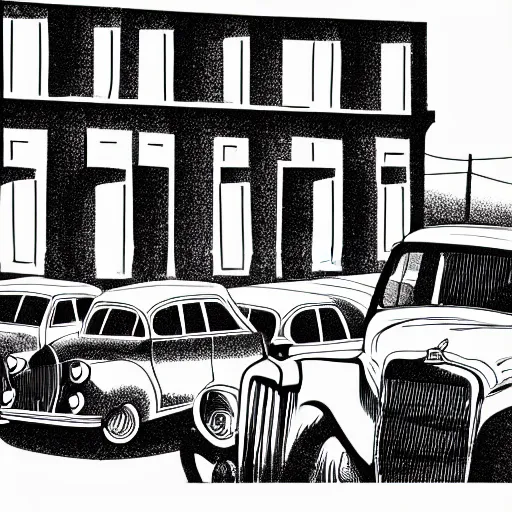 Image similar to book illustration of an old street with old cars, happy people, book illustration, monochromatic, white background, black and white image