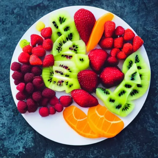 Prompt: beautiful photo of fruit pieces arranged to shape a rowing boat on a white plate, dslr