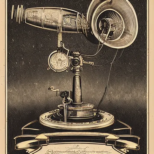 Prompt: “Old steampunk gramophone with antique loudspeakers and lots of wires. Dark, intricate, highly detailed, smooth, 18th century poster in style of Geiger”