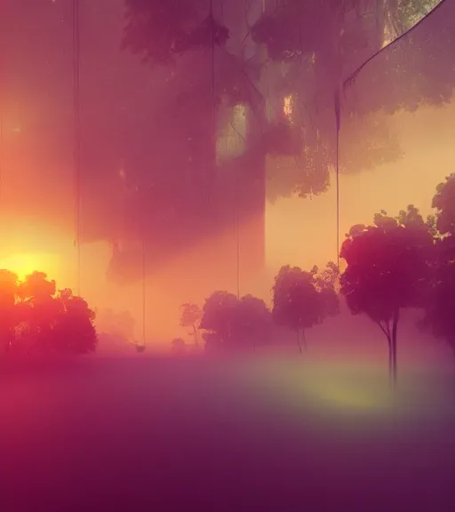 Image similar to symmetric drop daydreaming of the god of sun glare, fluid dance of the virtual space, big cotton sheets in the center of the air, cyberpunk forest, majestic light, octane render, beauty fog, ethereal glare of the sun, raining rainbow, volumetric lighting, hyperealistic, epic, masterpiece