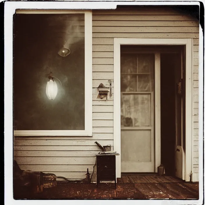 Prompt: kodak portra 4 0 0, wetplate, fisheye, award - winning portrait by britt marling, 1 9 2 0 s outside porch, ghost, picture frames, shining lamps, dust, smoke, 1 9 2 0 s furniture, wallpaper, carpet, books, muted colours, wood, fog,