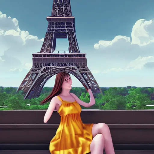 Prompt: A young beautiful giantess wearing a sundress sitting on the Eifel tower, beautiful lighting,digital art , highly detailed , high contrast, beautiful lighting, award winning , trending on art station, 8k, photorealistic,unreal engine 5