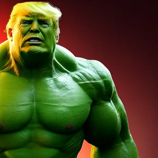 Image similar to Donald Trump cast as the Hulk, still from marvel movie, hyperrealistic, 8k, Octane Render,