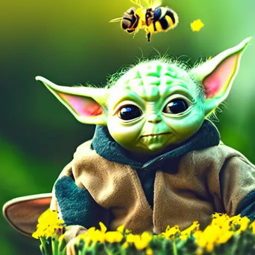 Image similar to baby yoda in a bee costume with antennae and wings flying in epic action pose, 8k selfie photograph