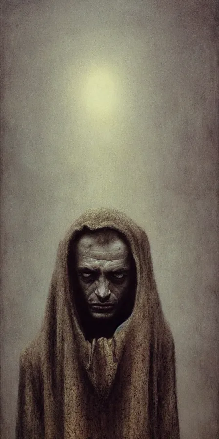 Prompt: portrait of a man filled with despair, shameful pose, apathetic expression, by Zdzislaw Beksinski, gothic, amazing details, cold hue's, warm tone gradient background