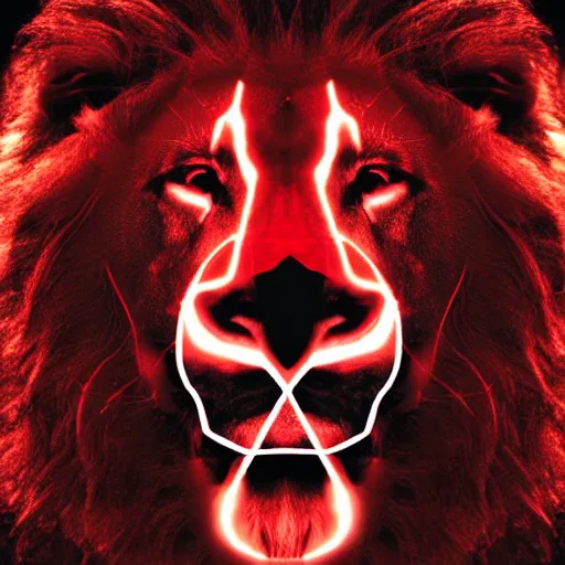 Image similar to anonymous lion face, closeup of face, volumetric lighting, face encircled by fire, crimson - black color scheme