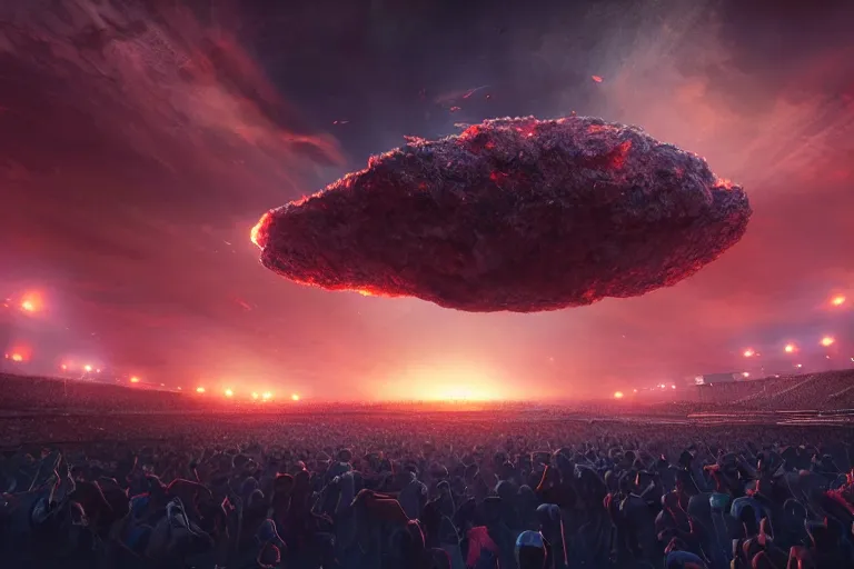 Prompt: meteorites fall from the red sky upon a crumbling football stadium, crowds panic, cinematic lighting by Jessica Rossier, stunning volumetric lighting, photorealistic, hyper detailed, unreal engine 5, IMAX quality, cinematic, epic lighting