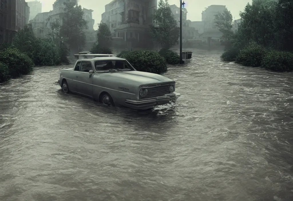 Prompt: kodak portra 4 0 0 photographic and realistic, theater, detailed, octane render, unreal engine, 4 k, artstation, hyper realistic, wide angle, floor flooded, how a river, objects that float, 3 5 mm, sharp focus, soft light, volumetric light fog, in the style of gregory crewdson