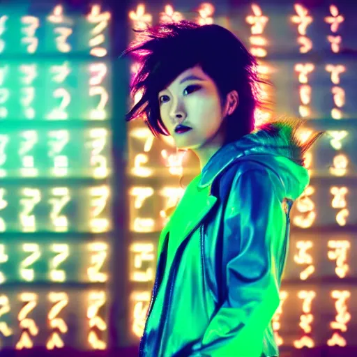 Prompt: photo portrait of an Asian woman with long Mohawk down hair wearing neon cyberpunk jacket, cinematic shot, night lighting, dslr bokeh depth of field