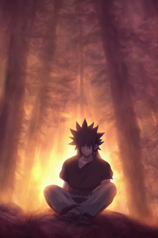 Image similar to photorealistic dark fantasy concept art of Naruto meditating in a forest, dynamic lighting, stunning visuals, realism, cinematic, hyper detailed, ultra detailed, beautiful visuals and sunset