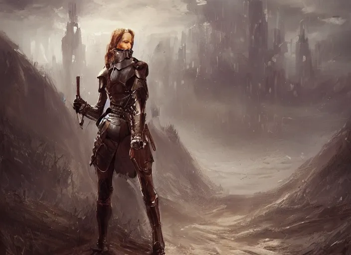 Image similar to landscape of a future city, a young english woman between the ages of 2 0 - 2 5 years, wearing armor and pointing a dagger, wearing a face full of anger. cinematic capture, dramatic condition, fine art, modern realism, sharp focus, good lighting, trending on artstation, trending on tiktok, smooth drawing, elegant, authoritative, without anomalies.