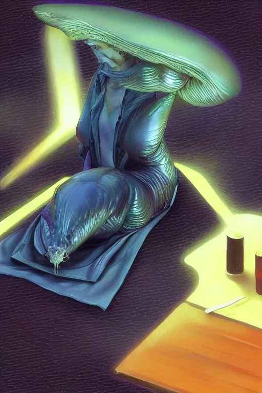 Image similar to slug blessed by the napkin,painted by Hajime Sorayama and Tim White,trending on artstation, rotund lighting top view,macro,Sabattier filter ,vaporwave ,unreal engine,gothic ,