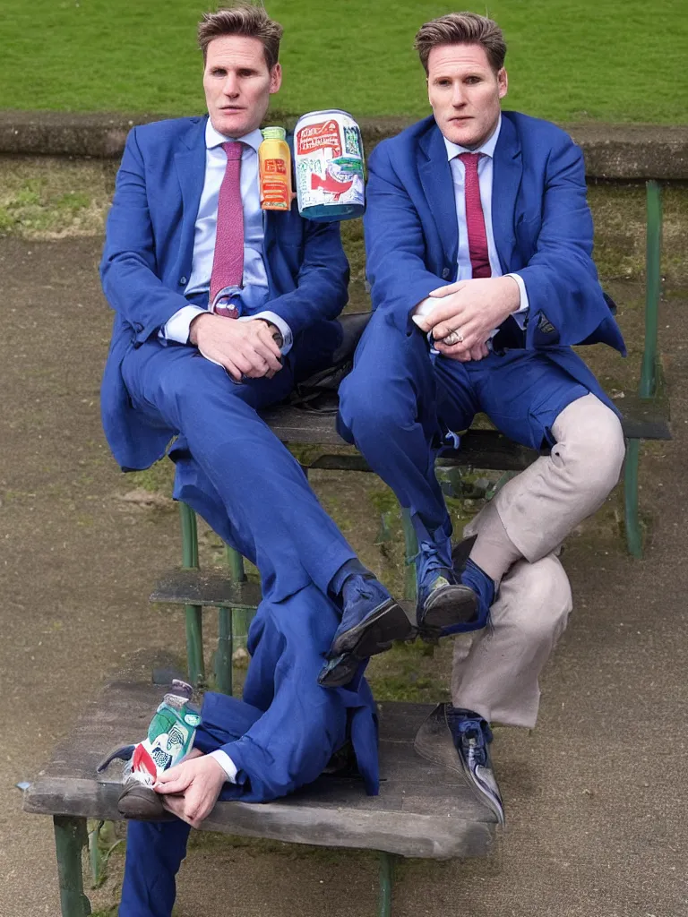 Image similar to Sir Kier Starmer in a blue suit wearing a flat cap on his head sitting on a bench alone holding a large plastic green bottle of cider, at his feet are empty cans and bottles