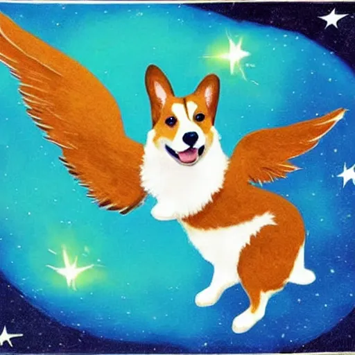 Prompt: corgi with [ angelic wings ]!!, [ flying like a superhero ]!! in the [ night sky ]!! where the stars are visibly perceptible, [ illustration via an abstract artist ]!!