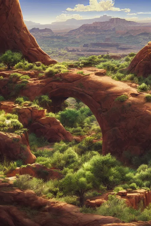 Image similar to beautiful utah desert, rock arcs, lush vegetation, landscape, alex ross, eddie mendoza, raphael lacoste, sebastian ludke, concept art, matte painting, highly detailed, rule of thirds, dynamic lighting, cinematic, detailed, magnificiant landscape, denoised, centerd