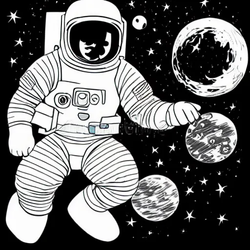 Prompt: clean simple line art of a cute little boy with short straight white hair floating in space. he is an astronaut, wearing a space suit. white background. well composed, clean black and white line drawing, beautiful detailed face. illustration by charlie adlard and steve ditko and greg rutkowski