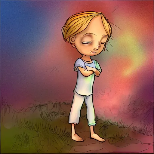 Prompt: poor child dreaming they are in a better place, digital art, inspired by glen keane
