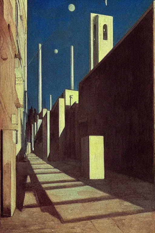 Image similar to eerie tel aviv street mystery at dusk, film noire scene. by moebius, giorgio de chirico, edward hopper