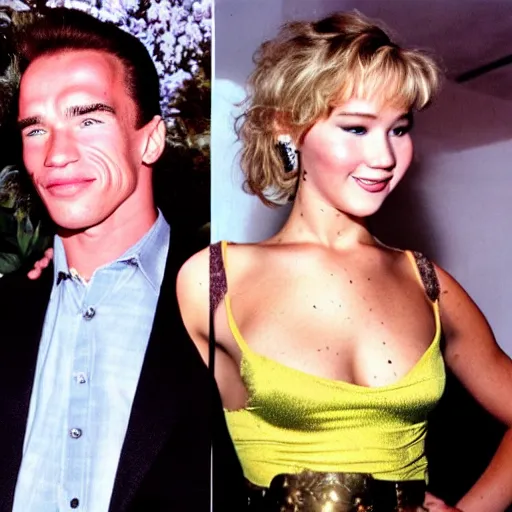 Image similar to photo of young arnold schwarzenegger close and wild dancing with jennifer lawrence beautiful short dress in a 9 0 s romantic comedy