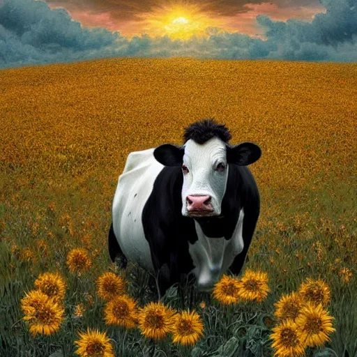 Image similar to portrait of black and white cow, field of sun flowers landscape, rich vivid colors, fantasy, intricate, elegant, highly detailed, digital painting, artstation, concept art, matte, sharp focus, illustration, art by Artgerm and Greg Rutkowski and Alphonse Mucha