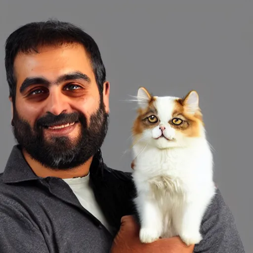 Prompt: a half persian man holding a dog