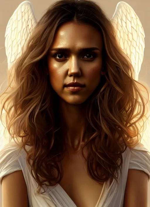 Prompt: half Jessica Alba half Nathalie Portman the pure gorgeous opulent white angel, gorgeous full body portrait, slight smile, diffuse studio lights, autumn lights, highly detailed, digital painting, artstation, concept art, sharp focus, illustration, art by wlop and greg rutkowski and alphonse mucha and artgerm