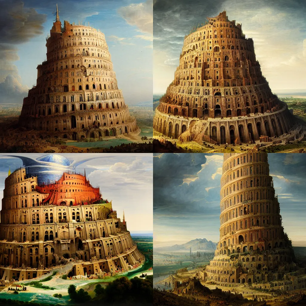 Prompt: illustration of the Tower of Babel, realistic painting, classical painting, high definition, digital art, matte painting, very detailed, realistic”