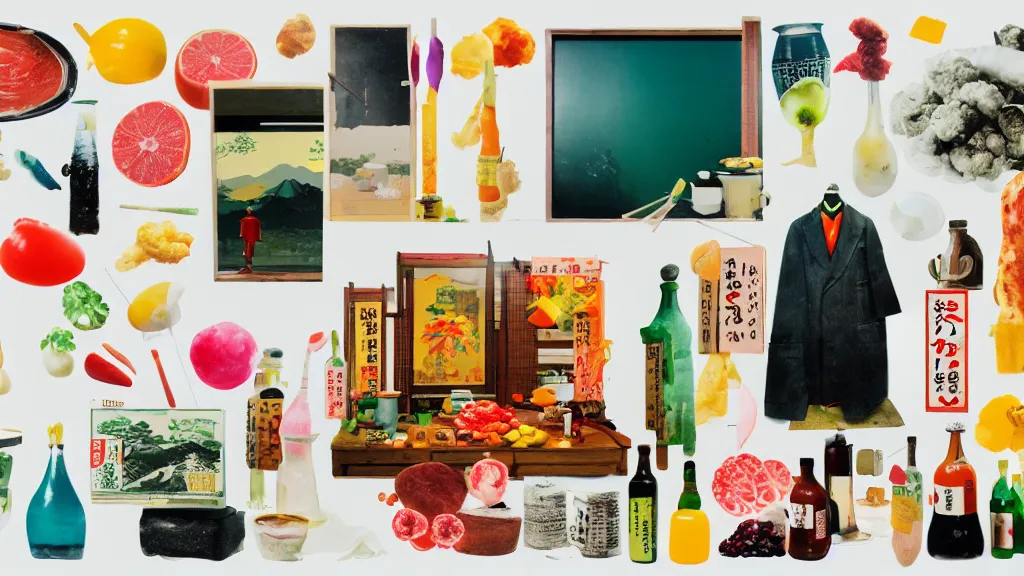 Image similar to an arrangement of foodie traveller props, japan, a collage painting, in the style of wes anderson, lola dupre, david hockney, isolated on negative white space background dark monochrome neon spraypaint accents volumetric octane render