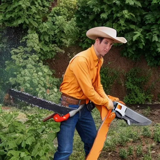 Prompt: Lucky Luke with a chainsaw in a tomato garden