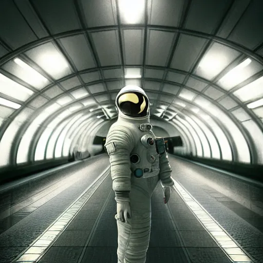 Image similar to a beautiful photo of an astronaut waiting in a subway station, 1970', soft light, morning light, photorealistic, realistic, octane, 8k, cinematic shot