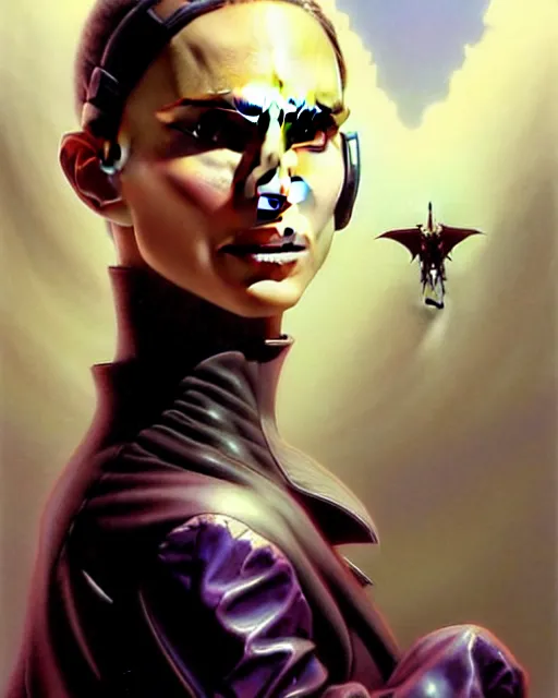 Image similar to beautiful fantasy character portrait, natalie portman, wearing oversized black trench coat, ultra realistic, wide angle, dramatic lighting, vultures, very seductive pose, cyberpunk artifacts, highly detailed by peter mohrbacher, hajime sorayama, wayne barlowe, boris vallejo, aaron horkey, gaston bussiere, craig mullins