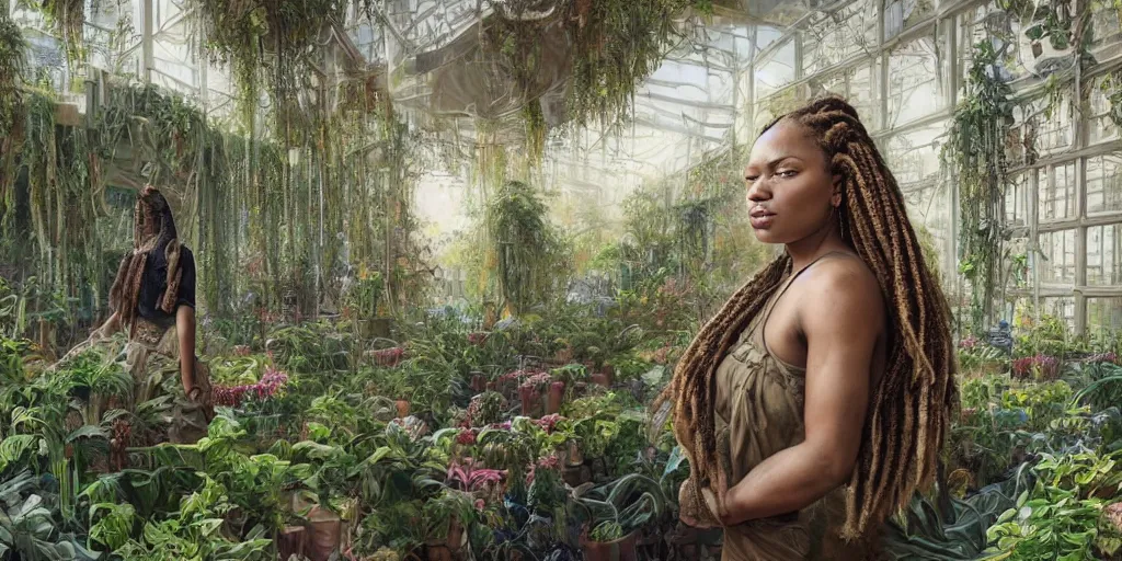 Prompt: a portrait of a beautiful!! and fierce!!!! woman with cornrow braids by Tim Okamura and Ben Enwonwu, she is standing in a very large room filled with plants with many windows and columns, a detailed matte painting by Noah Bradley and Pablo Amaringo, cgsociety, concept art, solarpunk, optimistic future, natural light, golden light, life after the plague, backlit, rim lighting