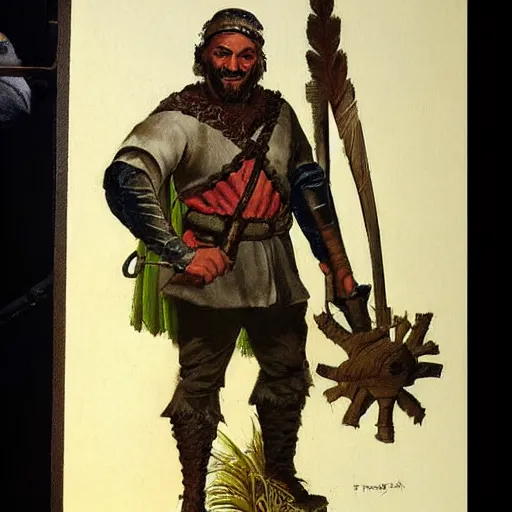 Prompt: a medieval hunter man from brazil, warm friendly expression, pine color scheme, fantasy character portrait by Frank Frazetta