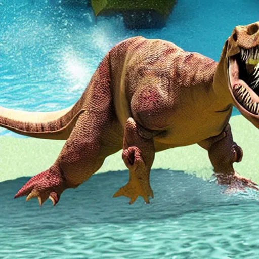 Image similar to a dinosaur is drowning in the pool