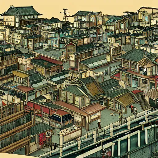 Image similar to japanese fishing town, japanese city, underground city, modern city, tokyo - esque town, 2 0 0 1 anime, cel - shading, compact buildings, sepia sunshine