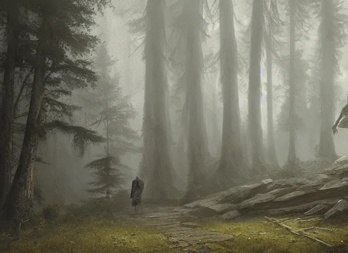 Prompt: A hooded figure aproaching an old temple in a forest, foggy, Ivan Shishkin and Greg Rutkowski