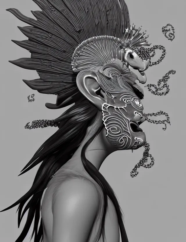 Image similar to 3 d goddess close - up profile simple portrait punk with mohawk with ram skull. beautiful intricately detailed japanese crow kitsune mask and clasical japanese kimono. betta fish, jellyfish phoenix, bio luminescent, plasma, ice, water, wind, creature, artwork by tooth wu and wlop and beeple and greg rutkowski