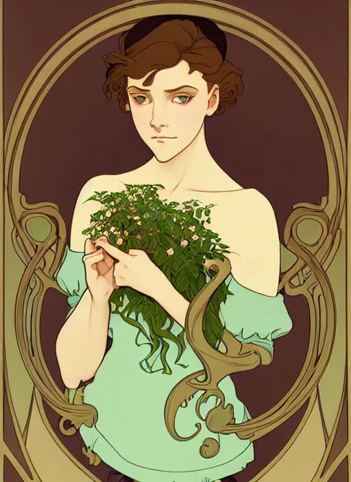 Image similar to art nouveau portrait of a pretty young girl with short light brown hair, light green eyes, sad expression, scared, head down, shy and demure, natural lighting, path traced, highly detailed, high quality, cartoon, digital painting, by don bluth and ross tran and studio ghibli and alphonse mucha