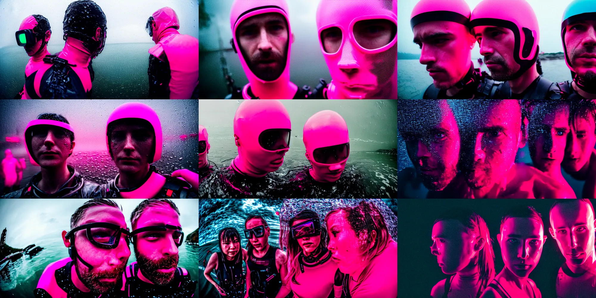 Prompt: cinestill 5 0 d candid photographic portrait by robert capas of 2 cyborgs wearing rugged neon pink mesh techwear in treacherous waters, extreme fisheye closeup, bokeh, modern cyberpunk moody depressing cinematic, pouring rain, 8 k, hd, high resolution, 3 5 mm, f / 3 2, ultra realistic faces, ex machina