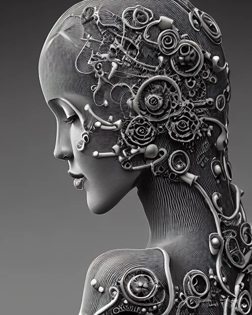 Image similar to mythical dreamy black and white organic bio-mechanical spinal ribbed profile face portrait detail of translucent steampunk beautiful female angelic-human-queen-vegetal-cyborg, highly detailed, intricate trnaslucent ivy jelly ornate, poetic, translucent roses ornate, 3D render, digital art, octane render, 8K artistic photography, photo-realistic, by Dora Maar