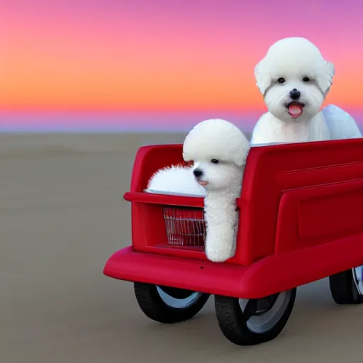 Prompt: a photorealistic photograph of a smiling white Bichon Frisé puppy riding in little red wagon, overflowing french fries during sunset at the beach Trending on Artstation, featured on Behance, well-rendered, Unreal Engine, 4K HD