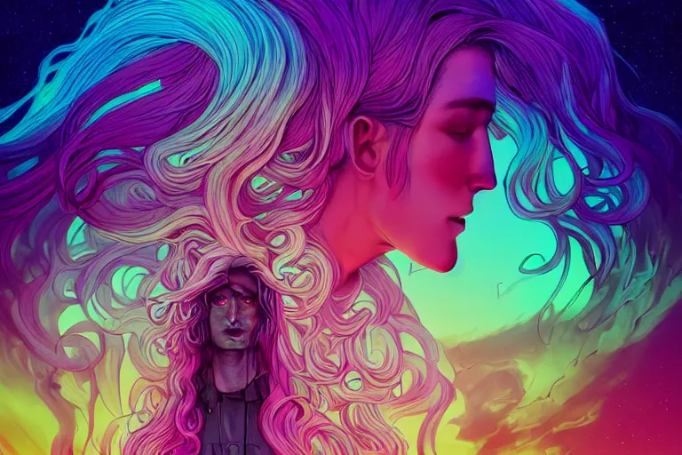 Prompt: cell shaded, muted vaporwave ombre. double exposure, replicant druid of creativity, flowing hair, beautiful character fashion design, by josan gonzalez, shag, nagel, and paul lehr and david heskin and seb mckinnon and jared s. merantz and alex grey, hi - fructose, 8 k, digital matte painting