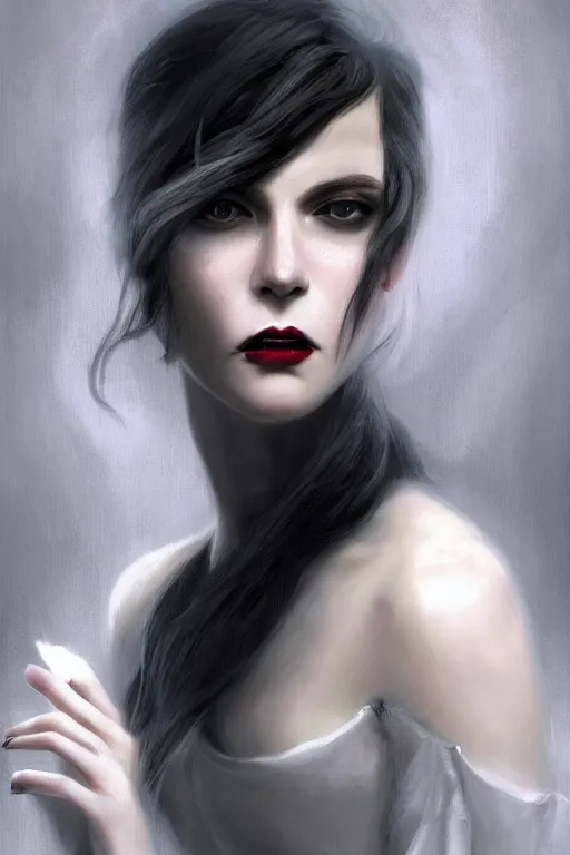 Image similar to a photo-realistically painted portrait of a singular lady vampire!!!!, dressed in a suit, perfect face!!!, beautiful eyes!!, digital painting, concept art, minimal artifacts, volumetric lighting, Artgerm, and William-Adolphe Bouguerea, in the style of Tom Bagshaw, cinematic!!, stunning!, trending on Artstation!, award-winning art!!!