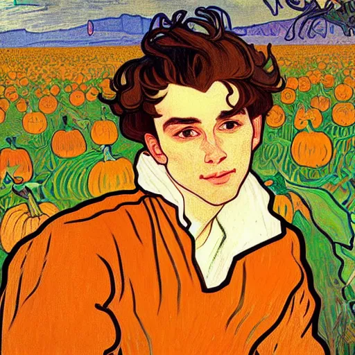 Prompt: painting of handsome young delicate beautiful jeffrey in his 2 0 s with brown hair and gorgeous rina together at the pumpkin patch in october, elegant, clear, painting, stylized, art, art by alphonse mucha, vincent van gogh, egon schiele,