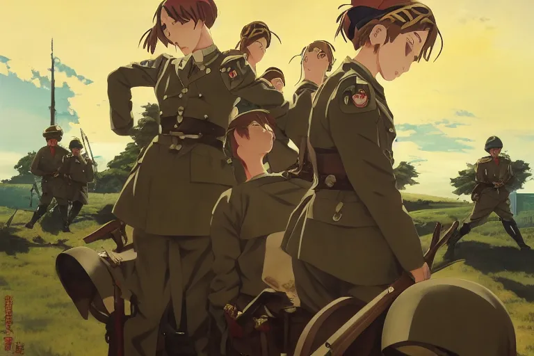 Prompt: anime key visual of high fantasy and world war 2 germany with anime maids as soldiers, dictator fascist nationalist propaganda poster, style of jamie wyeth james gilleard edward hopper greg rutkowski acrylic painting, preserved museum piece, historical