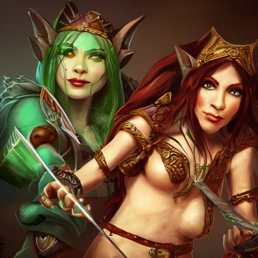 Image similar to female half-elf bard with Orc fighter, Jade, dungeons and dragons, amazing detail, character concept art, illustration, fantasy, 4k