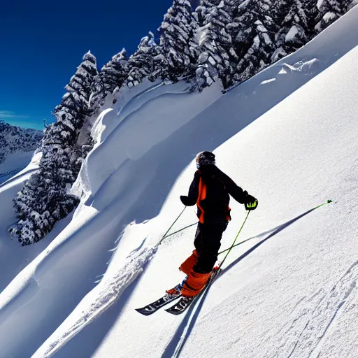 Prompt: skier in orange snow pants and black jacket skiing down a steep mountain face, far away view, photo realistic