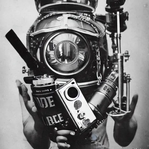 Prompt: an steampunk astronaut mid-space holding a beer can and a vintage camera. vintage photo